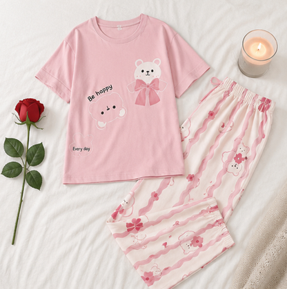 Pink Cute Bear Printed Night suit