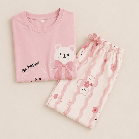 Pink Cute Bear Printed Night suit