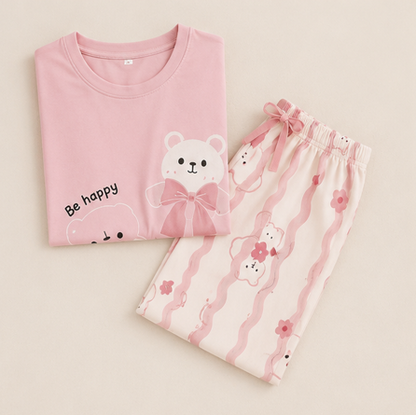 Pink Cute Bear Printed Night suit