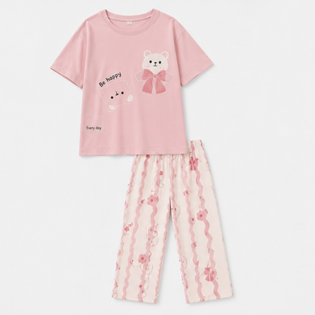 Pink Cute Bear Printed Night suit