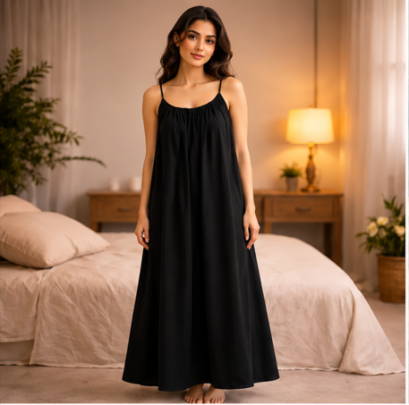 Premium Gathered Cotton Jersey Maxi Dress – Spaghetti Strap Long Backless Cami (Summer | Maternity | Nightwear Comfort Fit)