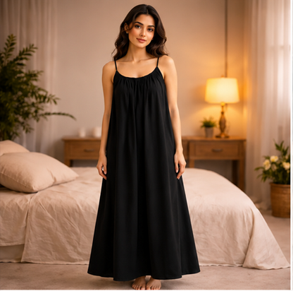 Premium Gathered Cotton Jersey Maxi Dress – Spaghetti Strap Long Backless Cami (Summer | Maternity | Nightwear Comfort Fit)