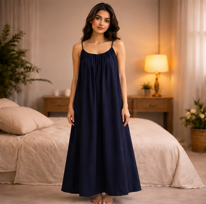 Premium Gathered Cotton Jersey Maxi Dress – Spaghetti Strap Long Backless Cami (Summer | Maternity | Nightwear Comfort Fit)