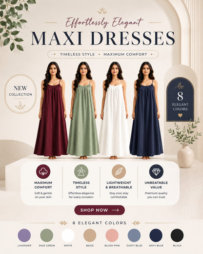 Premium Gathered Cotton Jersey Maxi Dress – Spaghetti Strap Long Backless Cami (Summer | Maternity | Nightwear Comfort Fit)