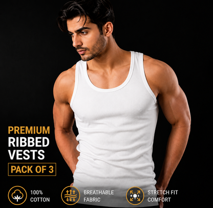 Pack Of 3 Cotton ribbed vests ( 1 Black, 1 white,1 Grey)