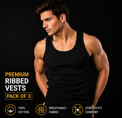 Pack Of 3 Cotton ribbed vests ( 1 Black, 1 white,1 Grey)