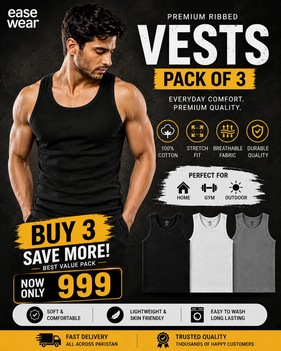 Pack Of 3 Cotton ribbed vests ( 1 Black, 1 white,1 Grey)