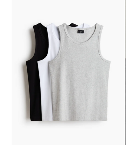 Pack Of 3 Cotton ribbed vests ( 1 Black, 1 white,1 Grey)