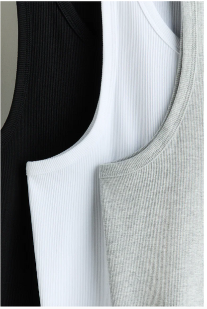 Pack Of 3 Cotton ribbed vests ( 1 Black, 1 white,1 Grey)
